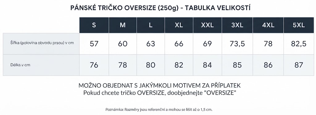 PÁNSKÁ TRIČKA OVERSIZE Tabulka velikostí 