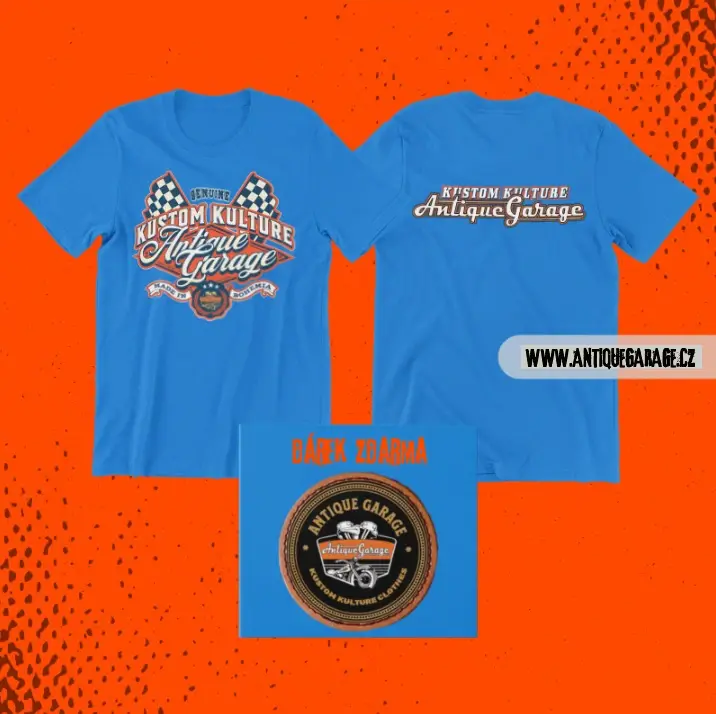 tričko BLUE ORANGE Genuine Kustom Kulture Antique Garage Race Flags